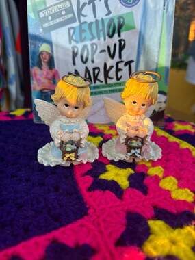 Vintage Morehead Holly Babes Angel Figurines with Easter Baskets Set of 2